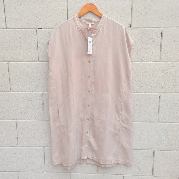 Eileen Fisher | Linen Blend Mandarin Collar Shirtdress in Khaki NEW Size XL - Picture 2 of 5